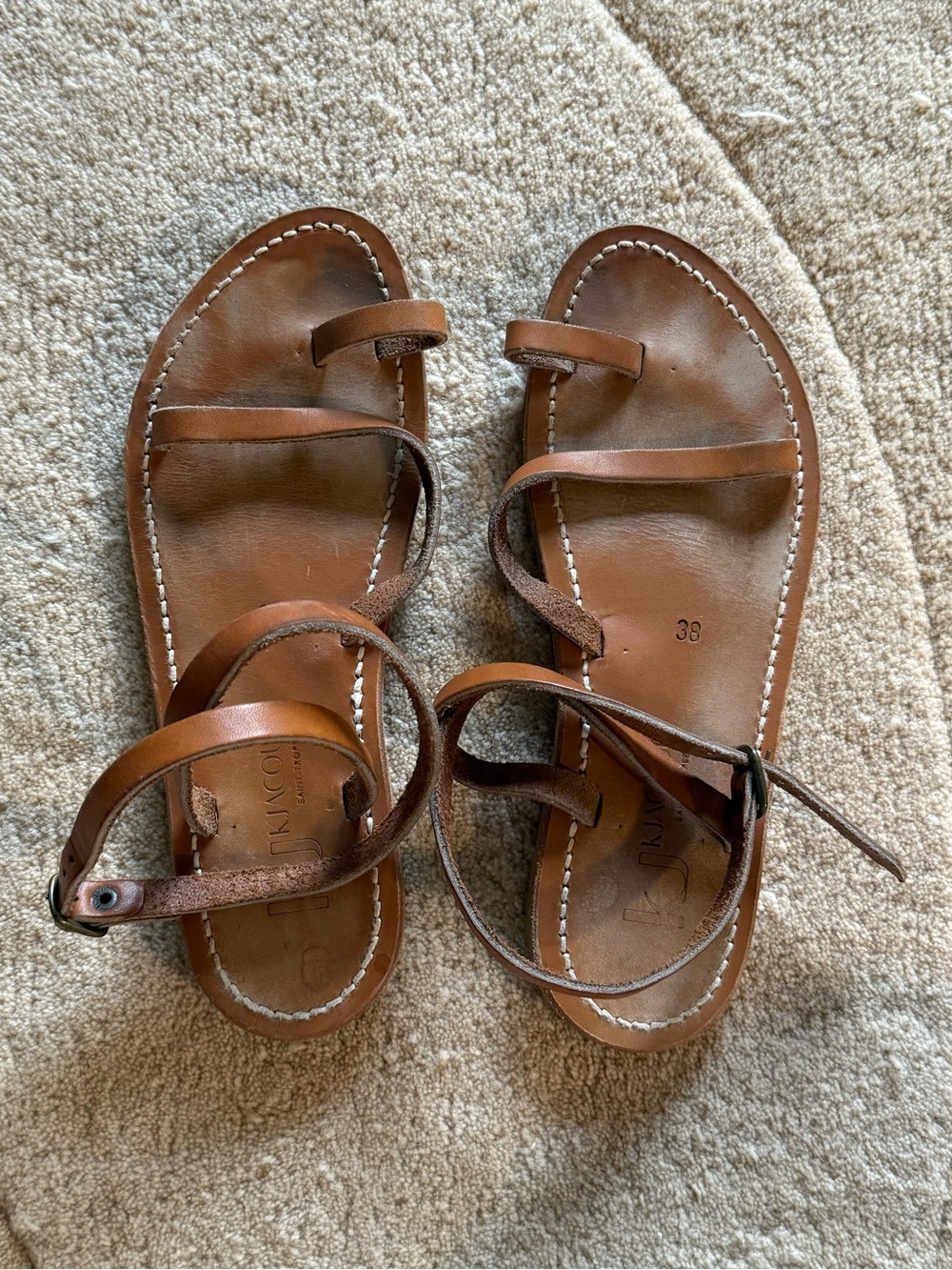K.Jacques Tan Leather Crisscross Ankle Strap Sandals